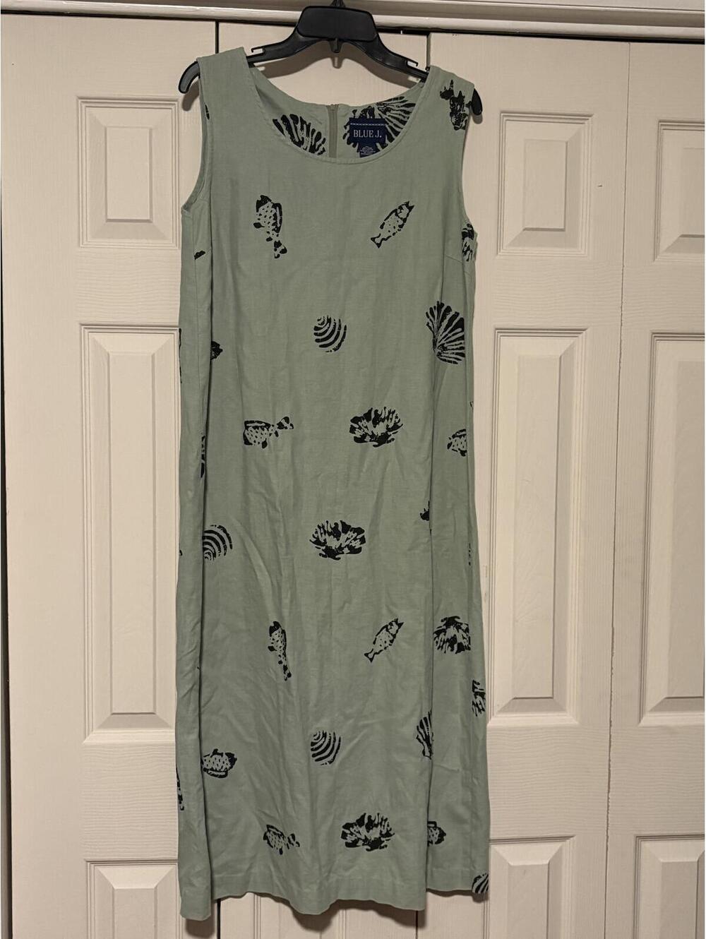 Vintage Blue J Coastal Fish Shell Print Linen Blend Maxi Seafoam Sleeveless